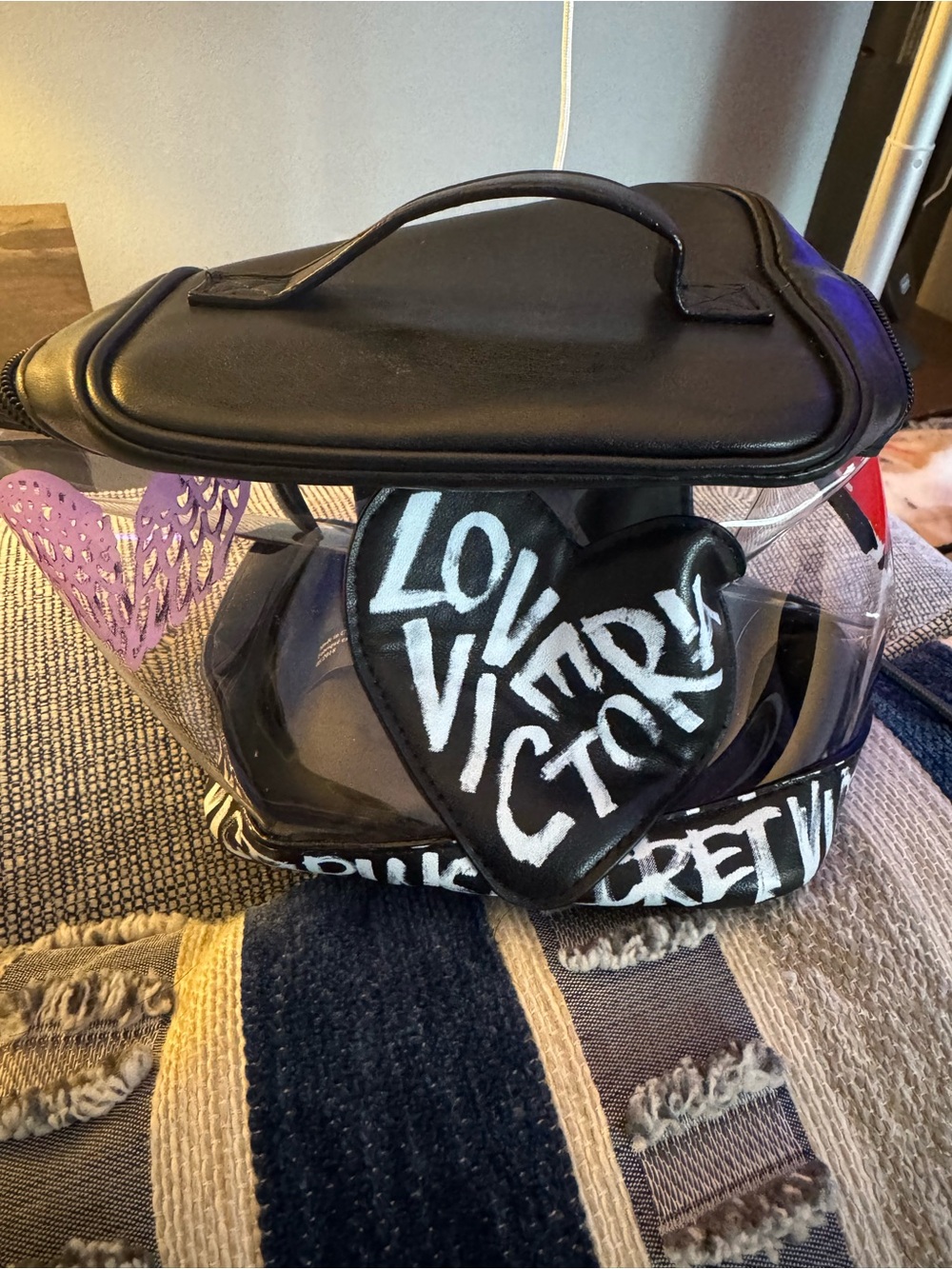 Victoria's Secret Clear Cosmetic Tote with Black Trim and Purple Heart